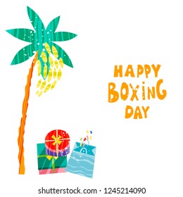 Palm tree and gifts in boxes. Happy Boxing Day concept. Vector illustration in flat style