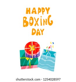 Palm tree and gifts in boxes. Happy Boxing Day concept. Vector illustration in flat style