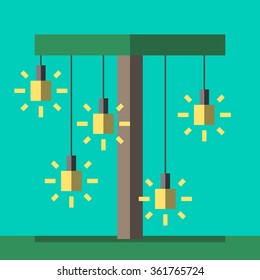Palm tree with glowing lightbulbs hanging on it. Insight, inspiration, idea, invention and innovation concept. Flat style. EPS 8 vector illustration, no transparency