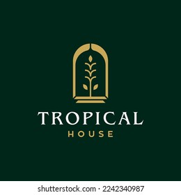 palm tree golden house logo, tropical leaf with niche arch logo vector icon illustration in Geometric minimal line style for holiday hotel vacation business