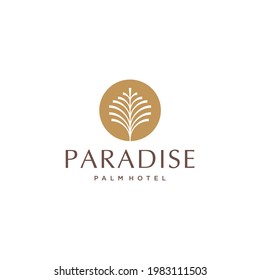 palm tree golden logo, coconut leaf logo vector icon illustration in Geometric minimal line style for holiday hotel vacation business