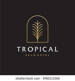 palm tree golden logo, coconut leaf logo vector icon illustration in Geometric minimal line style for holiday hotel vacation business