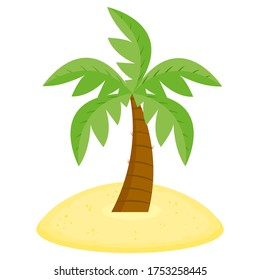 Palm tree with green leaves on a sandy island. Flat cartoon style vector illustration.