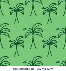Palm tree. Green sketch. Endless vector pattern. Outline on isolated green background. Doodle style. Seamless ornament of tropical trees. Exotic plant with mighty trunk and large leaves. 