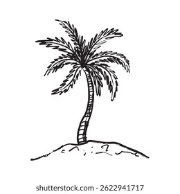 Palmera que crece en la playa en el mar en la textura negra del trazo del cepillo aislada en blanco. Dibujado a mano ilustración de boceto de Vector en tinta de carbón vintage. Vacaciones en el mar, diseño de impresión, dibujo de viaje.