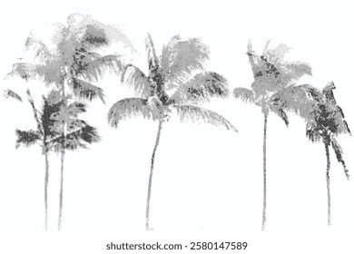 Palm Tree Grunge halftone gradient background. Faded grit noise texture. tropical background. summer backdrop. t shirt design. Retro pixelated backdrop. White and black sand wallpaper. Vector graphic 