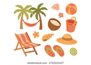 Palmera, hamaca, silla, sombrero, sandalia, concha, cubo, cal, coco, flor, bola plana icono colorido conjunto. Paquete de elementos de dibujos animados de artículos de vacaciones de playa tropical. Ilustración de accesorios de ocio costero.