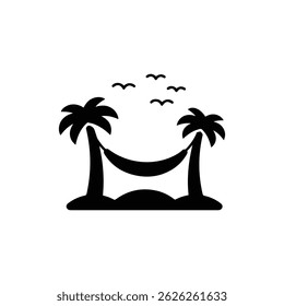 Palm tree and hammock set between two trunks minimal scene black icon