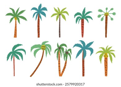 Palm Tree Hand Drawn Funky Set. Tropic Coconut Shape Collection. Doodle Vector Isolated Illustration