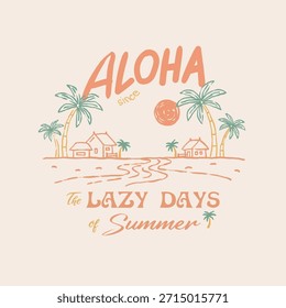 Palmera estilo doodle hecho a mano. Estampado de camiseta de Bali Hawaii. Texto dibujado a mano con Elementos de decoración Clipart de Vector vintage, ideal para camiseta de verano, póster de estudio de surf y más