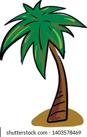 A palm tree having a crown of very long feathered or fan-shaped leaves above the land over a white background, vector, color drawing or illustration.