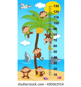 medida de altura de la palmera con monos (en proporciones originales 1:4) - ilustración vectorial, eps 