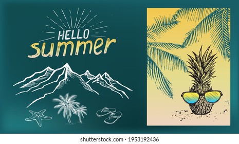 Palm tree, Hello PARTY, glasses, pineapple. Hand drawn illustration.
