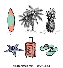Palm tree, Hello PARTY, glasses, pineapple. Hand drawn illustration.
