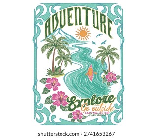 Palm tree and hibiscus flower artwork. River and mountain adventure artwork for apparel, sticker, background, poster and others. 