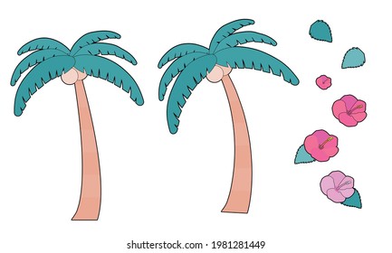 Palm tree and hibiscus icon set vector illustration summer
