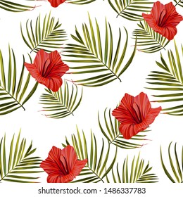 Palm tree. Hibiscus seamless pattern. Flower summer