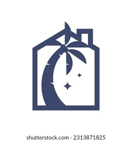 Palmbaum zu Hause Symbol Vektorlogo Vorlage. Palmbaum, Vektorgrafik-Logo-Vorlage.