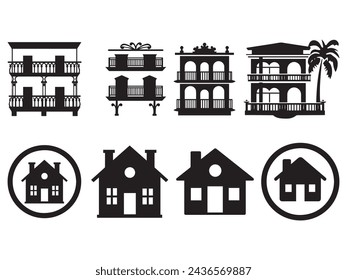 Palm tree and house icon on white background. Vector illustration.