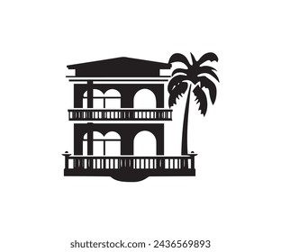 Icono de la palmera y de la casa sobre fondo blanco. Ilustración vectorial.
