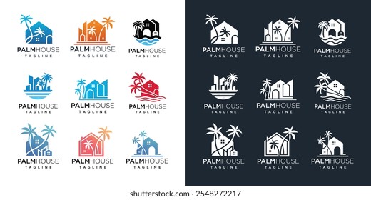 palm tree house logo collection. Vector Logo Design set of House elements with palm trees.	
