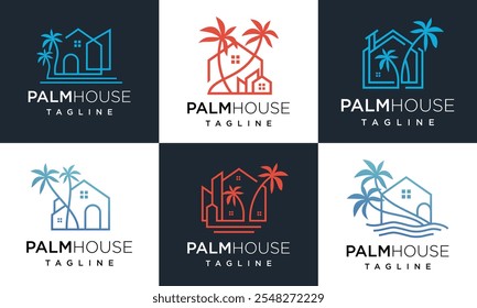 palm tree house logo collection. Vector Logo Design set of House elements with palm trees.	
