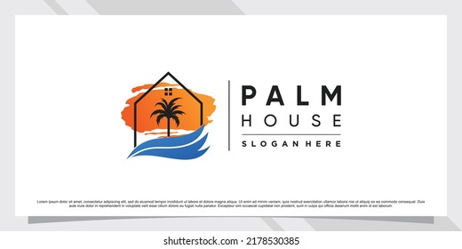 Palm tree and house logo design illustration with creative concept Premium Vector