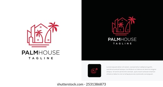 Palm tree house logo illustration. Vector Logo Design Template House element with palm tree.	
