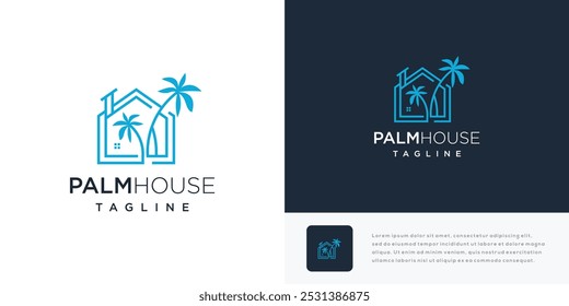 Ilustración del logotipo de la casa de la palmera. Vector Logo Diseño Plantilla Elemento de la casa con palmera.	
