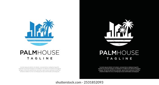 Palm tree house logo illustration. Vector Logo Design Template House element with palm tree.	