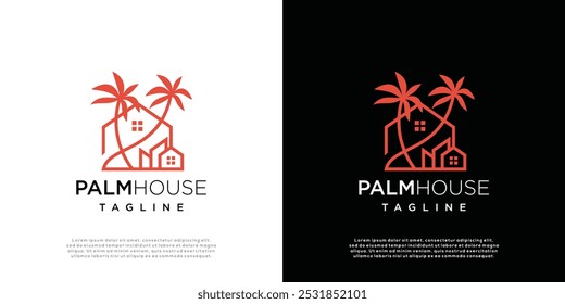 Palm tree house logo illustration. Vector Logo Design Template House element with palm tree.	