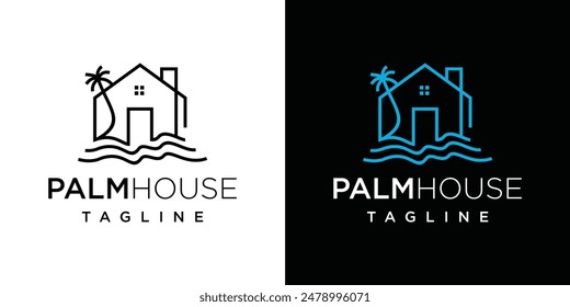 Ilustración vectorial con el logo de palm tree house. Elemento de Plantilla de diseño de logotipo de Vector con estilo de línea de casa.	