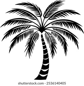 Palm tree icon. Black coconut silhouette palm isolated on white background. Coconuts palmtree for design summer prints. Palmetto trees. Abstract line beach logo. Shape hand draw.