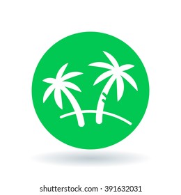Palm tree icon. Coconut tree sign. Paradise tropical tree symbol. White icon on green circle background. Vector illustration.