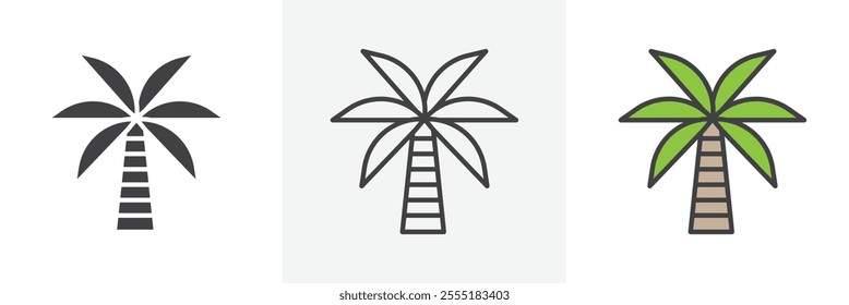 Palm tree icon collection in black and colored style.