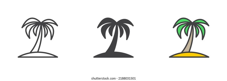 Icono de la palma. Versión colorida de línea, glifo y contorno relleno, contorno de batería solar y signo vectorial relleno. Símbolo, ilustración del logotipo. Conjunto de iconos de estilo diferente. Gráficos vectoriales