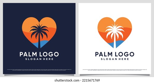 Palm tree icon logo vector illustration with heart shape element and creative unique concept