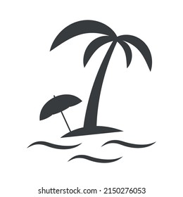 Palm tree icon on the island with a beach umbrella. A simple image of a beach holiday by the sea. Isolated vector on white background.