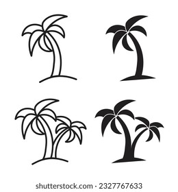 Palm tree icon set. Beach tropical palm tree line symbol. Hawaii vibe sign.Paradise Island icon. Single and double palmetto tree symbol. 