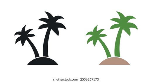 Palm tree icon set in black and colored versions.