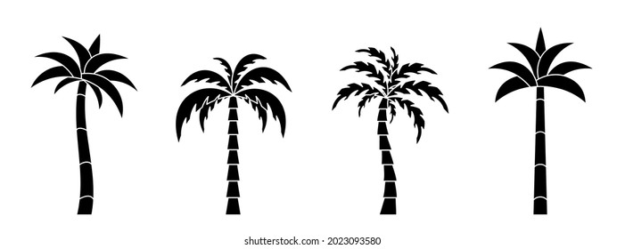 Palm tree icon. Set of coconut tree icons. Vector illustration. Palm vector icons. Black palm icons