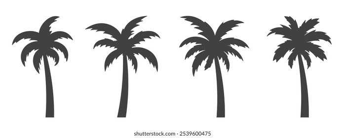 Palm tree icon set. Coconut palm black silhouettes.