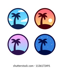Palm tree icon set with different sky background color: day, night, sunset. Simple tropical palm landscape logo variations. Vector illustration.