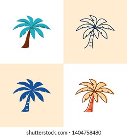 Palm tree icon set in flat and line style. Exotic tropical plant symbol. Vector illustration.