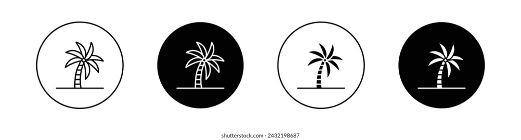 Conjunto de iconos de palmera. Símbolo de vector de silueta Plamtree Coconut en un estilo relleno y perfilado negro. Signo de serenidad costera.