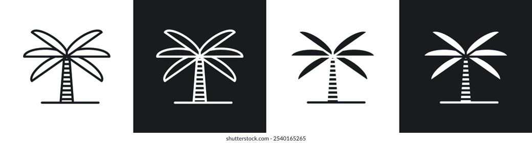 Palm tree icon set. Vector symbols in black and white colors.