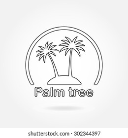 Palm tree icon or sign. Outline symbol of two black palm trees silhouette on the island. Vector illustration.