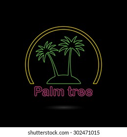 Palm Tree Icon Or Sign. Outline Symbol Of Two Neon Glow Palm Trees Silhouette On The Island. Colorful Vector Illustration.