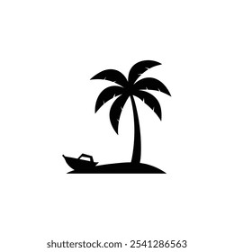 palm tree icon with small boat silhouette vector illustration on white background.