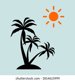 
palm tree icon, and sun in flat style. tropical theme.